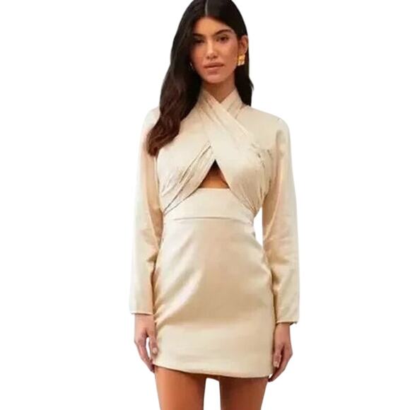 Keepsake Champagne Satin Cutout Mini Dress XS Long Sleeve Party Glam - Picture 1 of 9